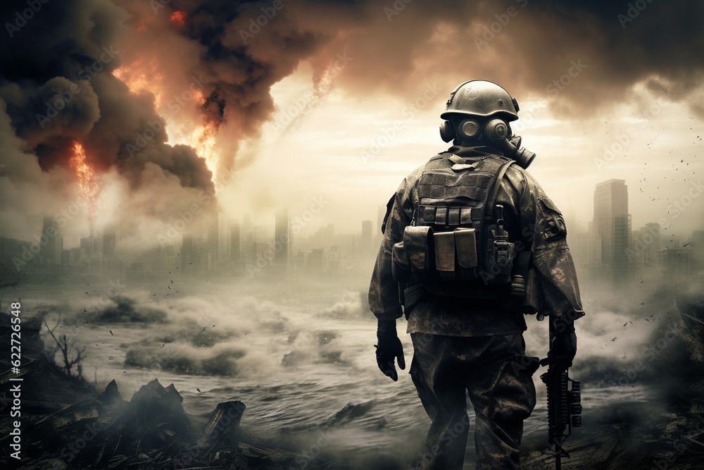 A soldier in a modern army uniform with a helmet on his head and wearing a gas mask stands with his back turned, looking at a destroyed and ruined city. Generative AI A soldier in a modern army uniform with a helmet on his head and wearing a gas mask stands with his back turned, looking at a destroyed and ruined city. Generative AI