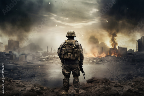 A soldier in a modern army uniform with a helmet on his head and wearing a gas mask stands with his back turned, looking at a destroyed and ruined city. Generative AI