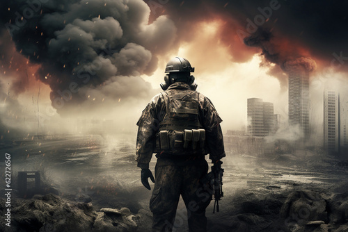 A soldier in a modern army uniform with a helmet on his head and wearing a gas mask stands with his back turned, looking at a destroyed and ruined city. Generative AI