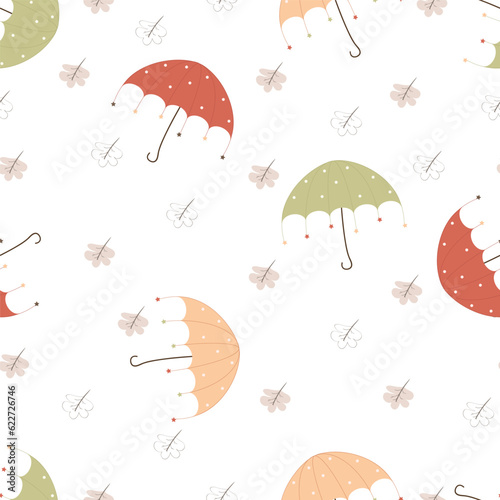 Vector seamless pattern with leaf and umbrella hand drawn style illustration design for fabric textile 
