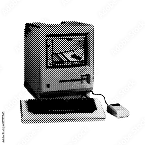 Retro PC offset element for trendy collage. Vector retrofuturistic black and white illustration with halftone pattern.