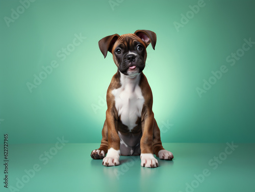 Boxer puppy sitting on a light green background