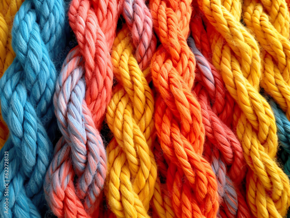 Pattern of multicolored twisted and intertwined ropes and threads. Bottom in optional knots, crochet or knitting. Wool texture background in different colors. Generative AI