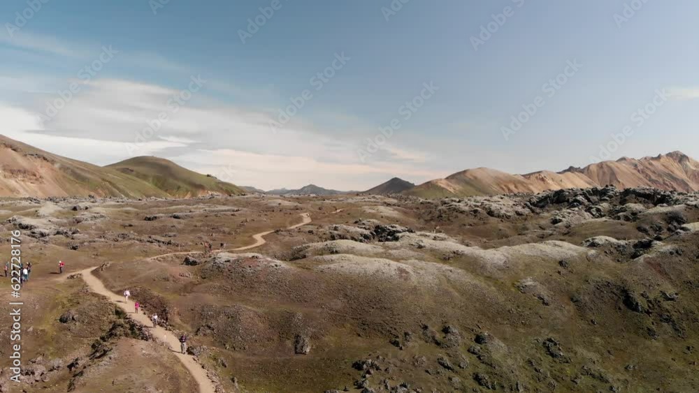Landmannalaugar, Iceland. Aerial view of mountains from natural trail, slow motion Landmannalaugar, Iceland. Aerial view of mountains from natural trail, slow motion