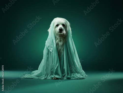 White dog in a ghost Halloween costume