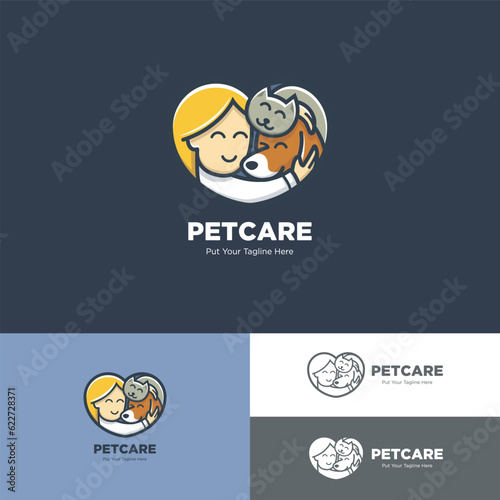 Pet Care Logo in Hearth Shape. Logo of a vet, dog and cat hugging in heart shape. Suitable for pet shop, pet lover, veterinarian clinic and pet care course. 