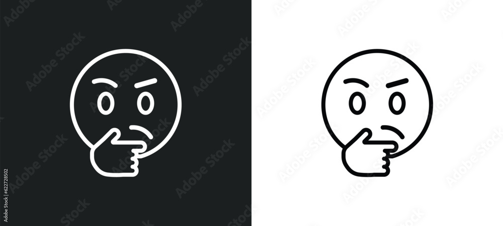thinking emoji outline icon in white and black colors. thinking emoji