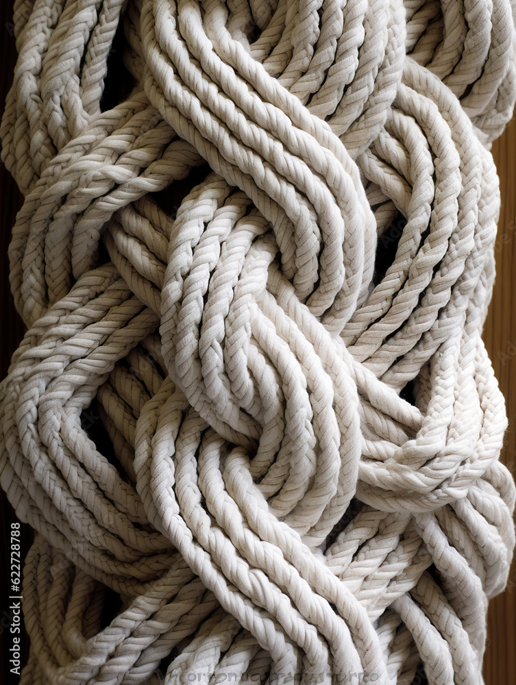 Pattern of twisted and intertwined ropes and threads in white color. Background in optional knots, crochet or knitting. Wool texture background. Realistic 3D illustration. Generative AI