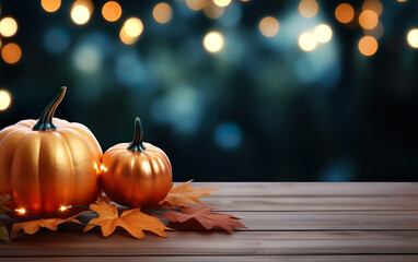Autumn festive decor composition with pumpkins and maple leaves on dark bokeh lights blue background with copy space. Wooden table. Halloween concept. Cozy home.