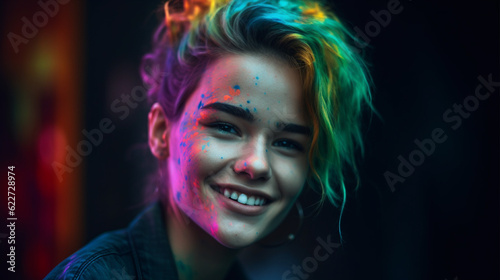 portrait of a woman with a colorfull mask on their face and hair