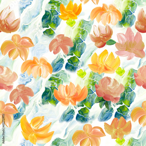 Seamless pattern of abstract flowers, original hand drawn, impressionism style, color texture, brush strokes of paint, art background. © Artlu