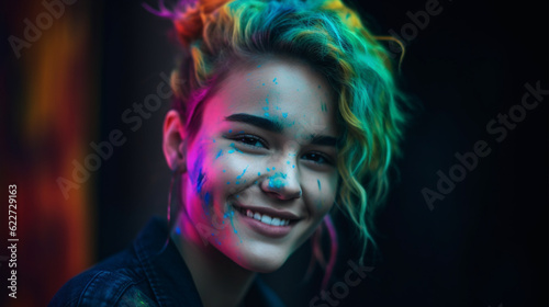 portrait of a woman with a colorfull mask on their face and hair