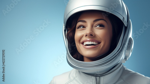 photo portrait of a woman wearing a astronaut helmet background