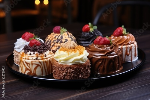 Assorted different mini cakes with cream  chocolate and berries