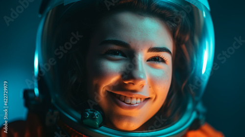 photo portrait of a woman wearing a astronaut helmet background