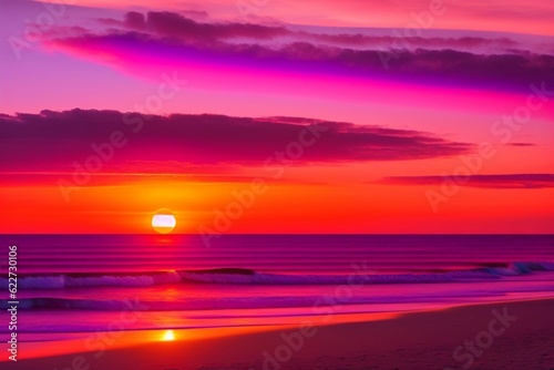 A seaside view, sunset time, with orange and purple gradient sky  © Cheftobe.__