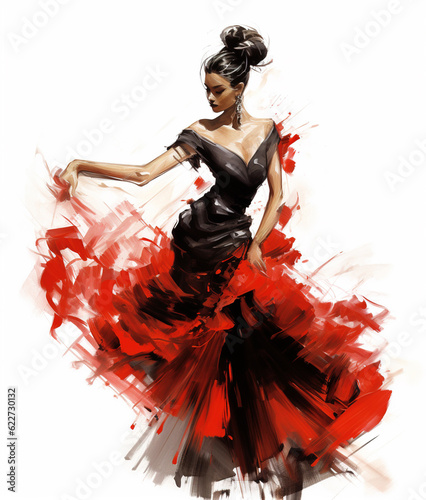 Beautiful and passionate woman in dress dancing flamenco, sketch illustration style