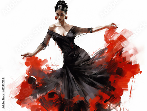Beautiful and passionate woman in dress dancing flamenco, sketch illustration style