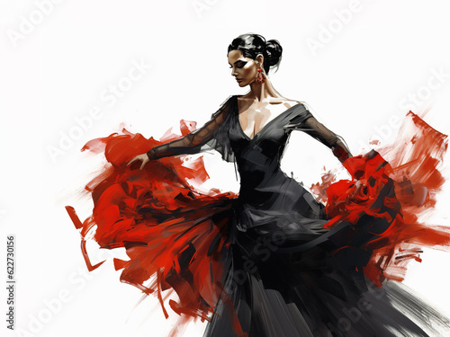 Beautiful and passionate woman in dress dancing flamenco, sketch illustration style