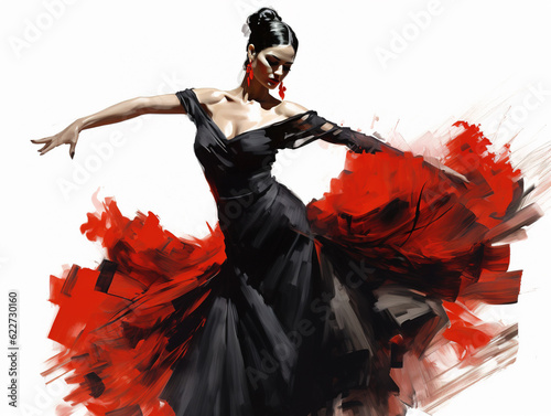Beautiful and passionate woman in dress dancing flamenco, sketch illustration style