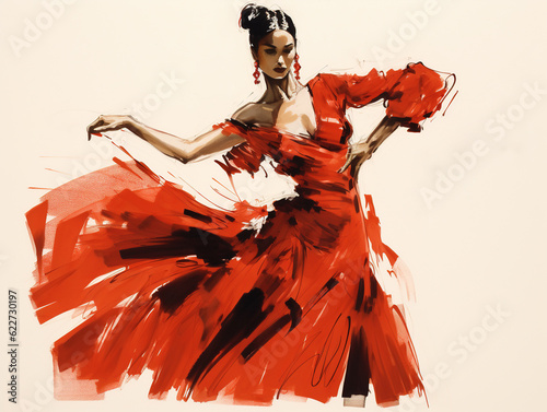 Beautiful and passionate woman in red dress dancing flamenco, sketch illustration style