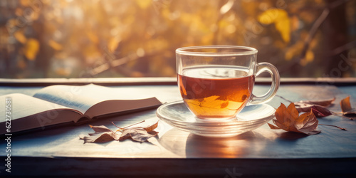 Autumn Tea. Cup of Hot Tea, Open Book and Fallen Autumn Leaves on a wooden table outdoor