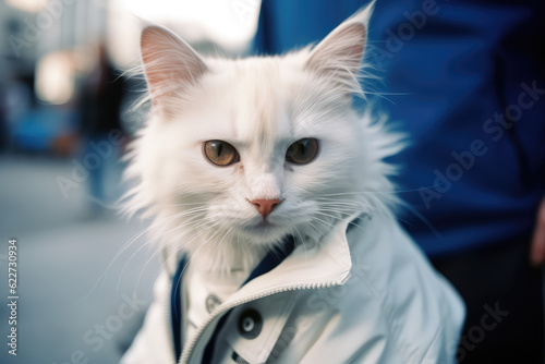 Fluffy white cat dressed as a human on the street in a crowd of passersby. Creative concept of street fashion, casual wear, street style. Generative AI professional photo imitation.