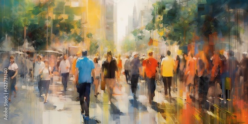 Bustling city street crowds of people moved in blur motion and color their bright clothing, concept of Urban vitality, created with Generative AI technology © koldunova