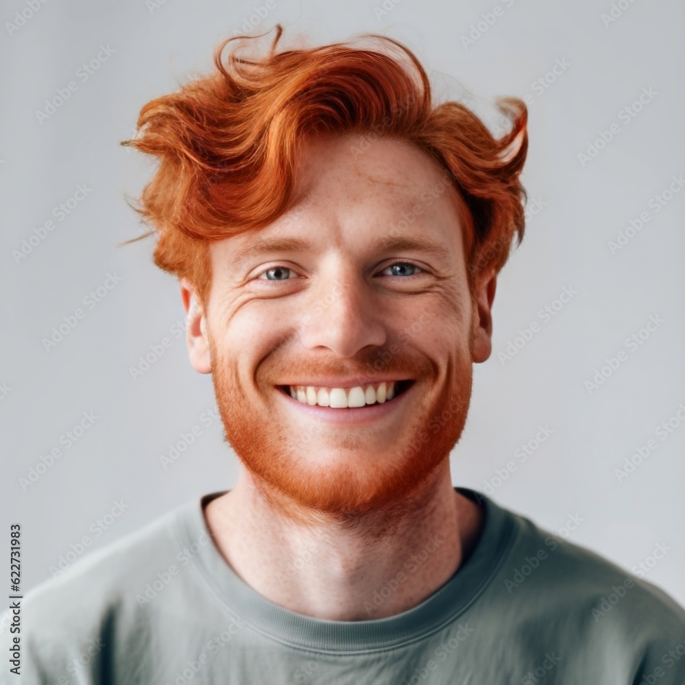 Young redhead man with beard smiles and feels happy. Image generated by AI. Young redhead man with beard smiles and feels happy. Image generated by AI.