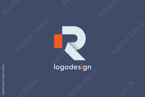 Initial Letter R Logo. Orange and White Geometric Shape Origami Style isolated on Blue Background. Flat Vector Logo Design Template Element for Business and Branding Logos.