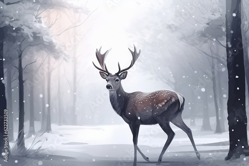 illustration with deer in winter forest © Maya Kruchancova