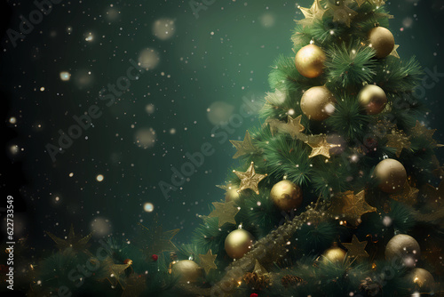 green and red glowing background with christmas tree