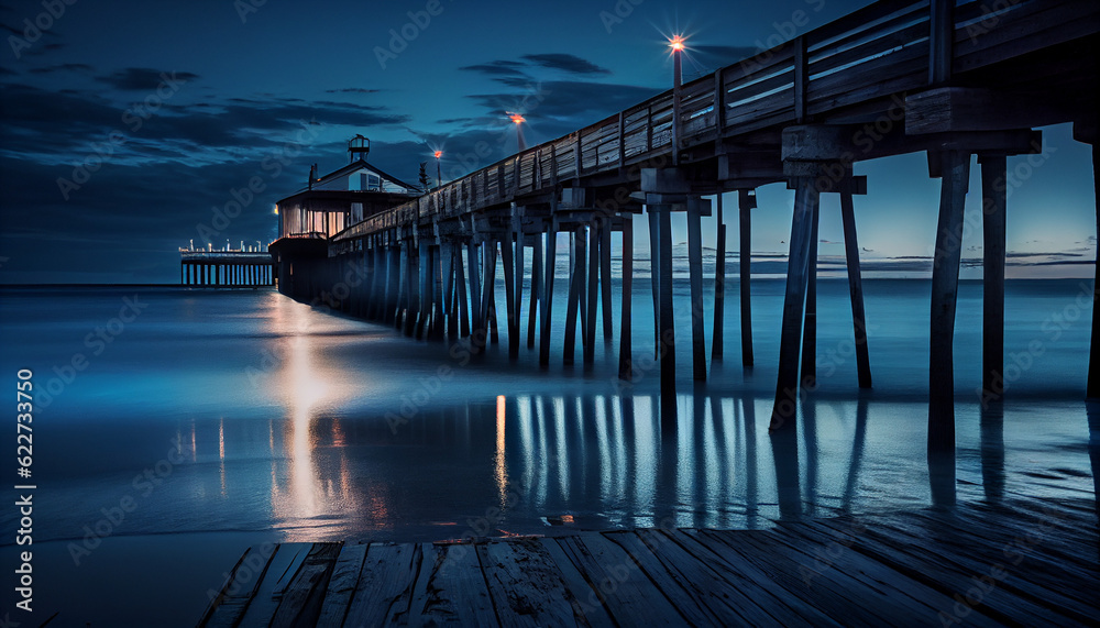 Blue Hour before the sunrise along the pier Ai generated image