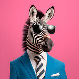 Stylish zebra in a fashionable business suit with a tie and sunglasses on a pink background, generated ai