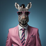 Stylish zebra in a fashionable business suit with a tie and sunglasses on a blue background, generated ai