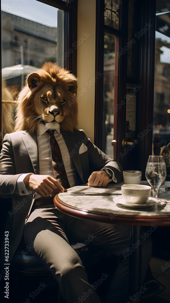 Stylish lion in a fashionable business suit in a cafe at a table drinks coffee, generated ai Stylish lion in a fashionable business suit in a cafe at a table drinks coffee, generated ai