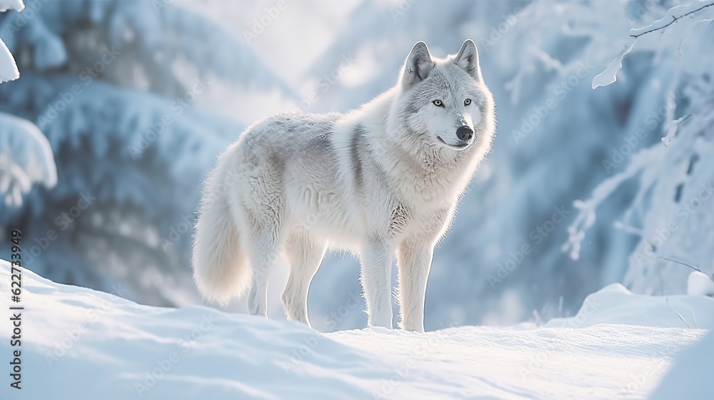 Very beautiful illustration of a wild polar wolf walking in a snowy environment. Arctic wolf in the middle of the snow. Arctic wolf. Realistic 3D illustration. Generative AI