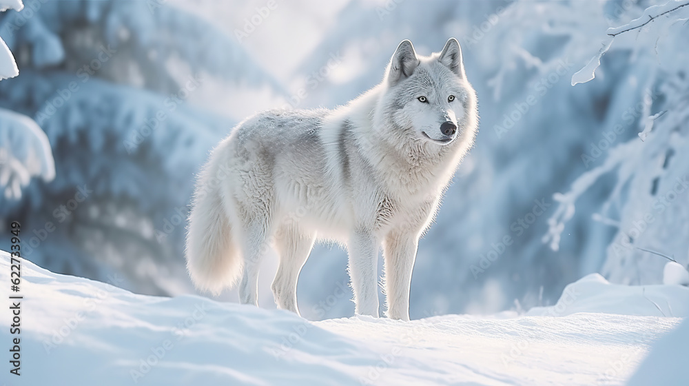 Naklejka premium Very beautiful illustration of a wild polar wolf walking in a snowy environment. Arctic wolf in the middle of the snow. Arctic wolf. Realistic 3D illustration. Generative AI