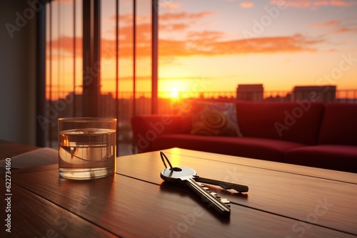 Keys to a new home lying on a table in a scenic scene with the sun setting. Concept of buying house. Real estate, realty, home loan, mortgage, home owner. Generative AI