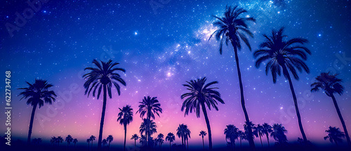 Illustration of a starry sky with Palm Trees in Palm Springs. The violet sky shows the milky way glaxay. A great summer vacation spot.