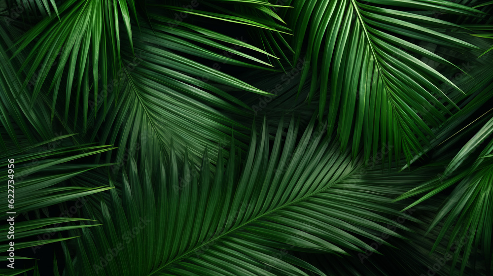 dark green large palm leaves, tropical foliage plant growing wild