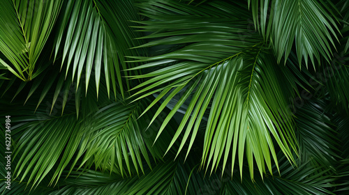 dark green large palm leaves, tropical foliage plant growing wild