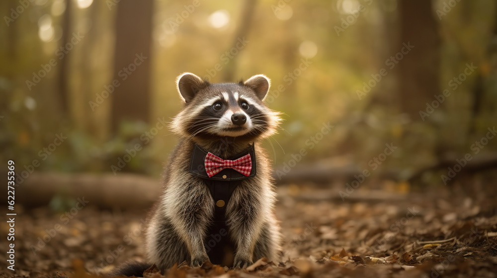 A raccoon wearing a bow tie. Fancy raccoon posing in the jungle with soft lighting. Funny raccoon. Realistic 3D illustration. Generative AI