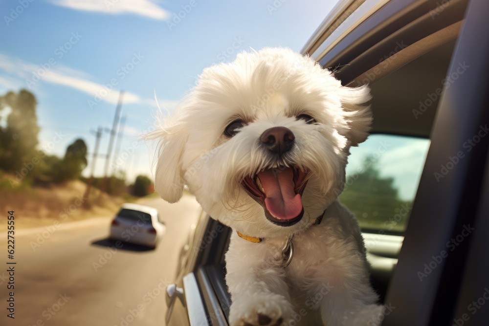 Cute dog looking out of car window , AI Generated