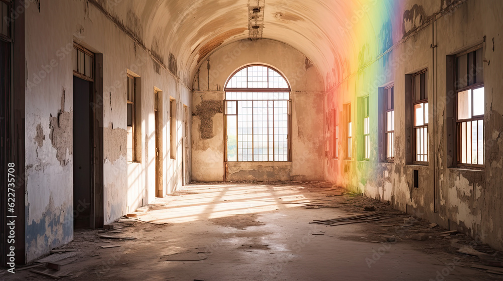 Fototapeta premium abandoned building with rainbow reflection on the walls. 