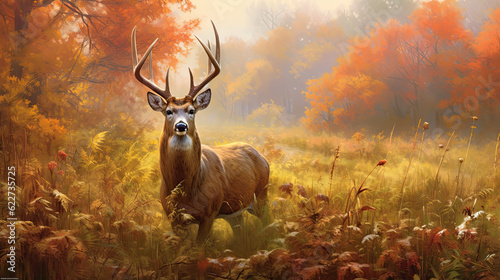 a deer walking through the autumn landscape  meadow and forest in the background. 