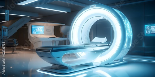 advanced mri or ct scan medical diagnosis machine at hospital lab as wide banner with copy space area - Generative AI © Jing
