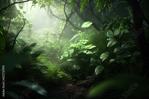 Green Foliage  Summer Forest Tunnel  Path in Dense Vegetation  Abstract Generative AI Illustration