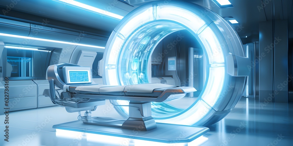 Fototapeta premium advanced mri or ct scan medical diagnosis machine at hospital lab as wide banner with copy space area - Generative AI