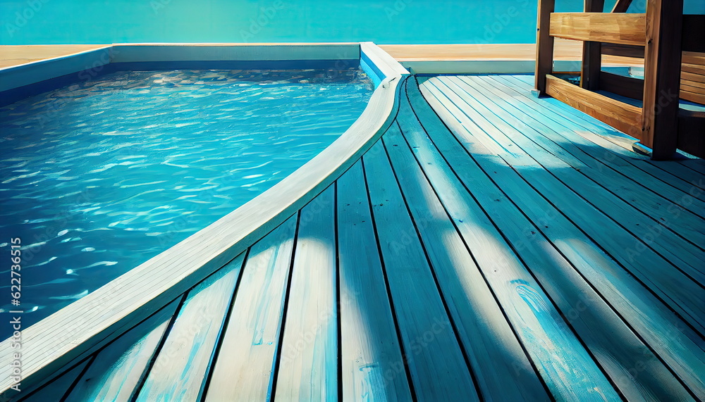 Obraz premium Luxury Wood Terrace by Swimming Pool, Wood Architecture, Abstract Generative AI Illustration
